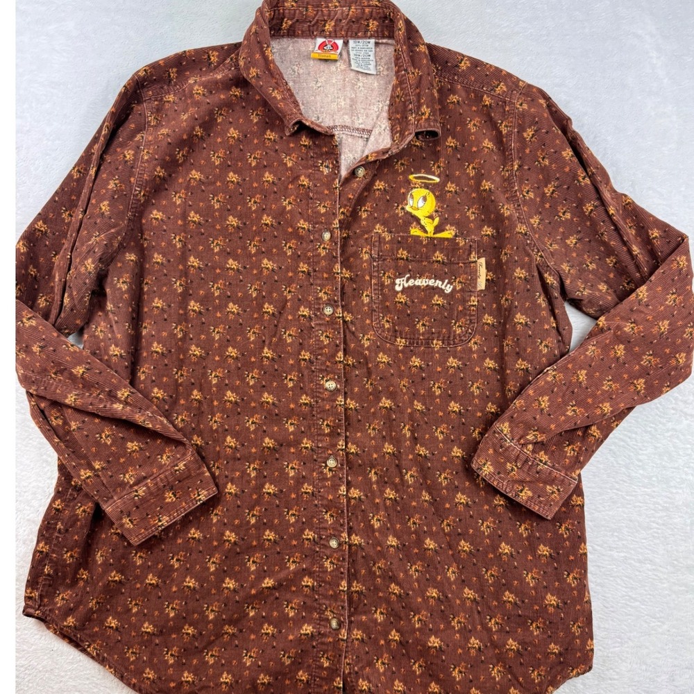 Vintage Looney Tunes Tweety Bird Corduroy Floral Shirt Brown 18W/20W LTM62